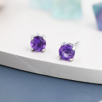 Sterling Silver Natural Amethyst Stud Earrings, 4mm Prong Set, Genuine Amethyst Gemstone Stud, Minimalist Style, February Birthstone