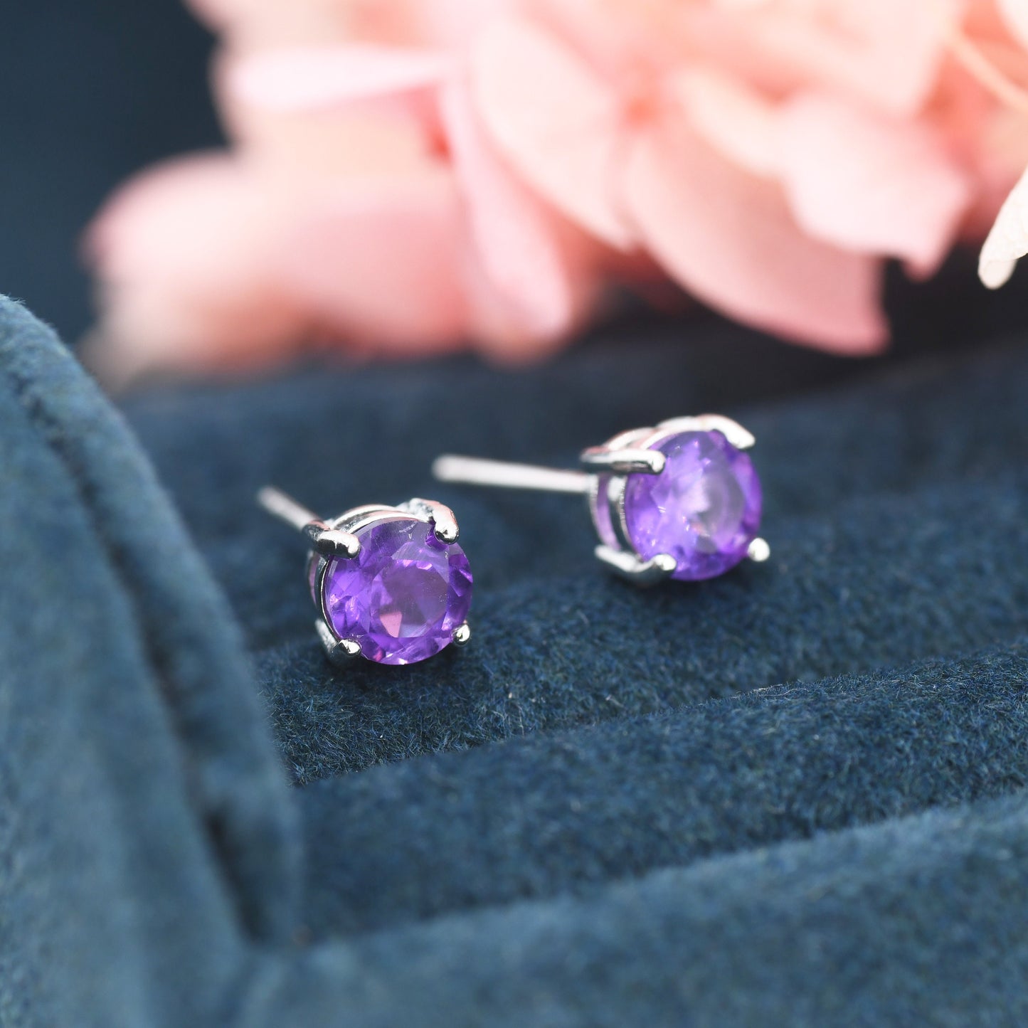 Sterling Silver Natural Amethyst Stud Earrings, 4mm Prong Set, Genuine Amethyst Gemstone Stud, Minimalist Style, February Birthstone