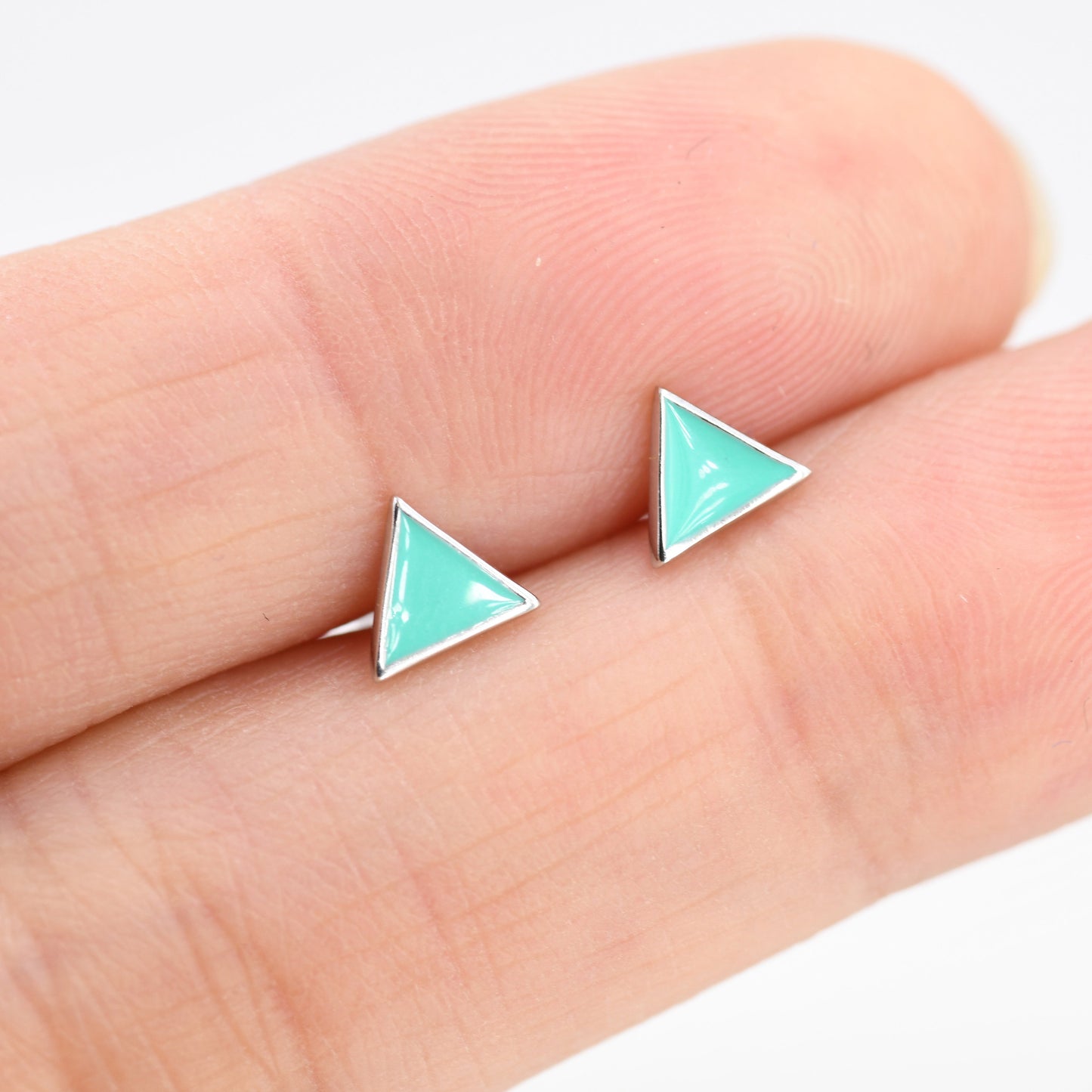 Sterling Silver Tiny Little Teal (Turquoise) Blue Triangle Stud Earrings, Minimalist Geometric Jewellery, Simple Studs