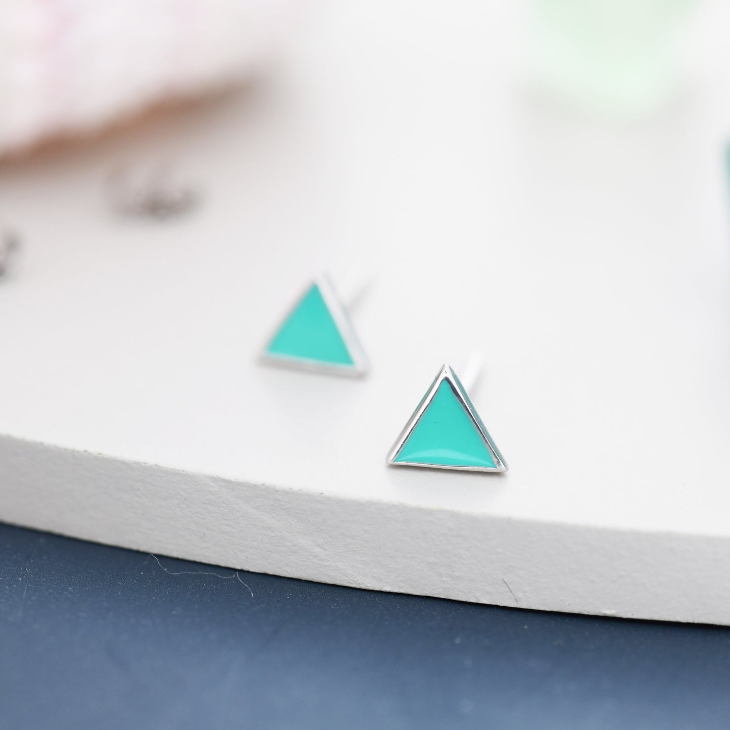 Sterling Silver Tiny Little Teal (Turquoise) Blue Triangle Stud Earrings, Minimalist Geometric Jewellery, Simple Studs