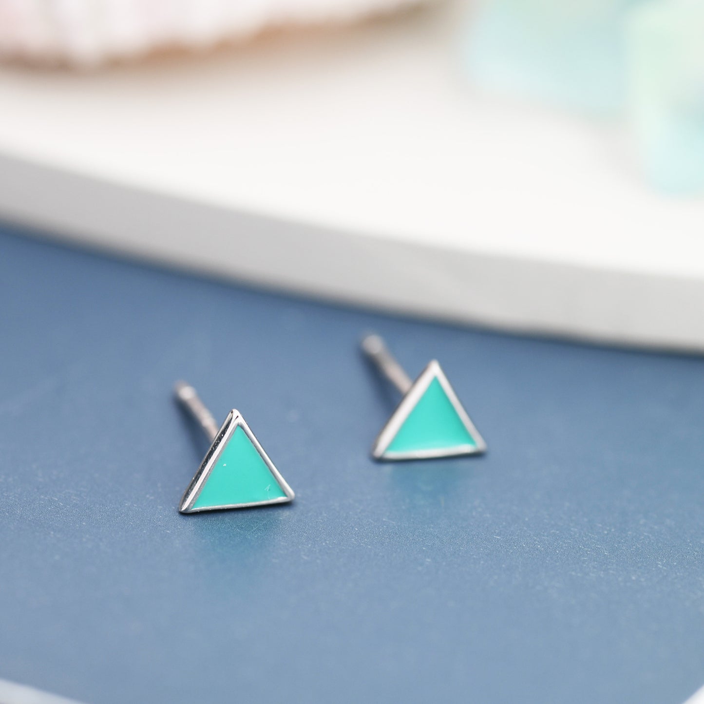 Sterling Silver Tiny Little Teal (Turquoise) Blue Triangle Stud Earrings, Minimalist Geometric Jewellery, Simple Studs