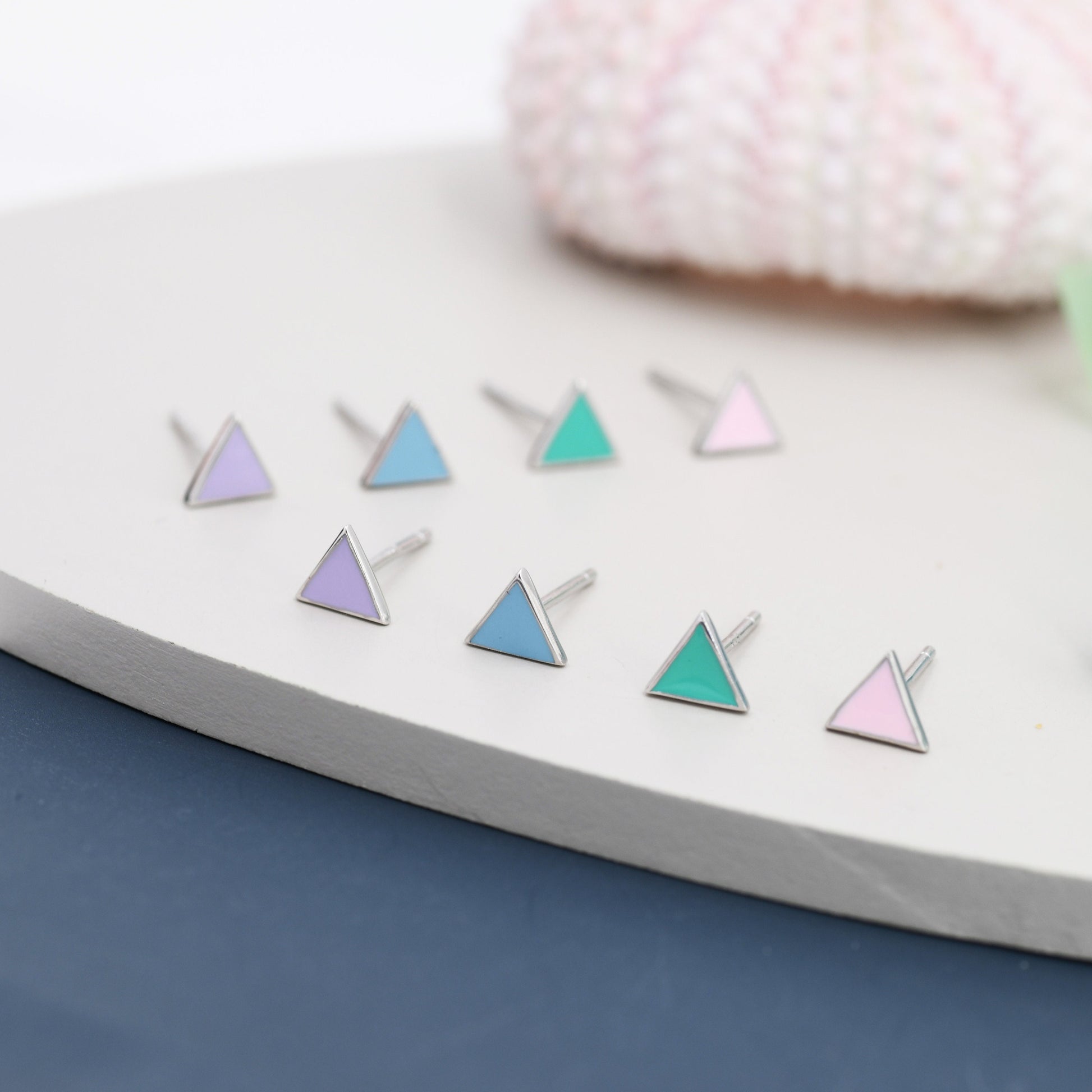 Triangle Stud Earrings in Sterling Silver with Hand Painted Enamel, Pastel Stud, Teal, Turquoise, Blue, Pink, Purple and Black, Tiny Stud