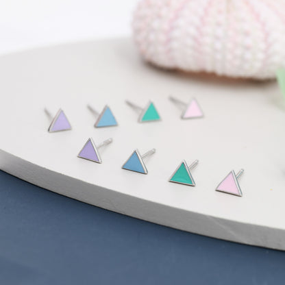 Triangle Stud Earrings in Sterling Silver with Hand Painted Enamel, Pastel Stud, Teal, Turquoise, Blue, Pink, Purple and Black, Tiny Stud