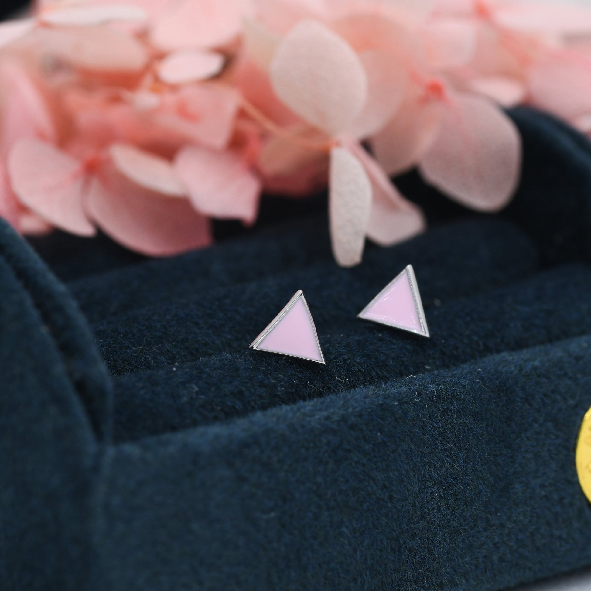 Pink Triangle Stud Earrings in Sterling Silver with Hand Painted Enamel, Pastel Pink Stud, Tiny Triangle Stud