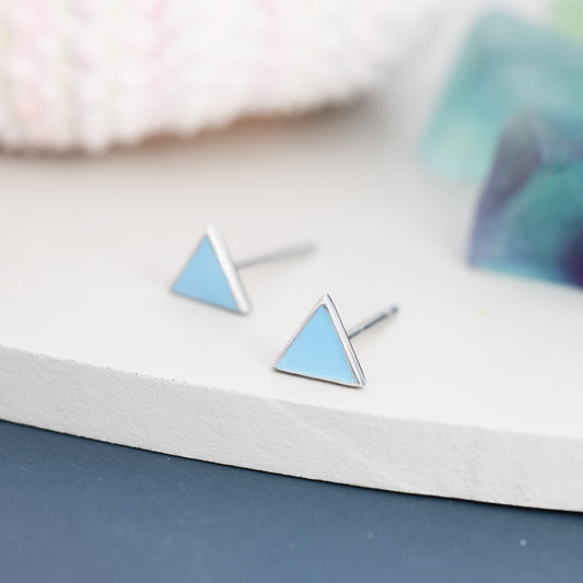 Pastel Blue Triangle Stud Earrings in Sterling Silver with Hand Painted Enamel, Pastel Blue Stud, Tiny Triangle Stud