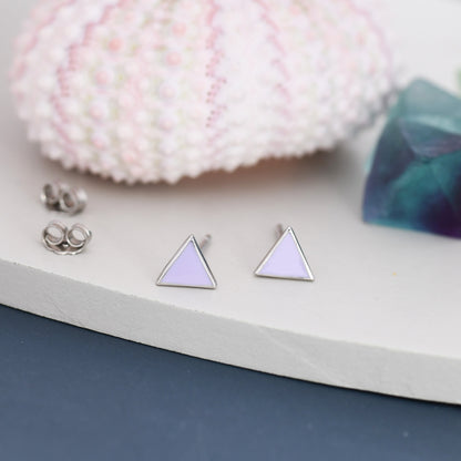 Pastel Purple Triangle Stud Earrings in Sterling Silver with Hand Painted Enamel, Pastel Purple Stud, Tiny Triangle Stud