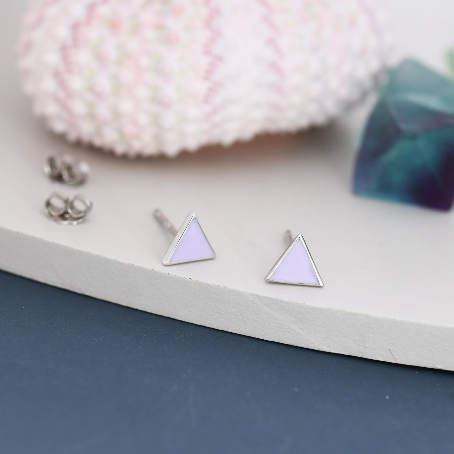 Pastel Purple Triangle Stud Earrings in Sterling Silver with Hand Painted Enamel, Pastel Purple Stud, Tiny Triangle Stud