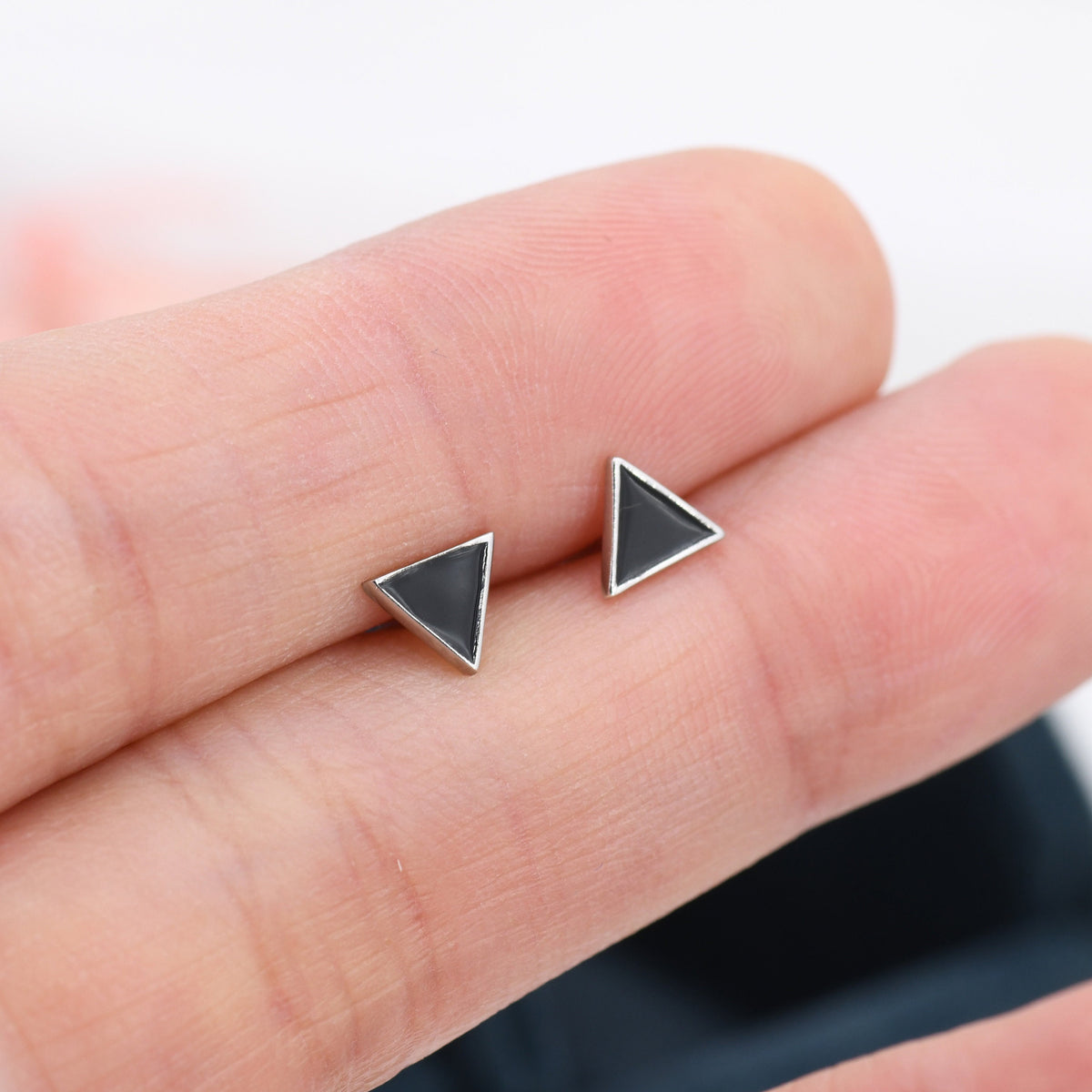 Black Triangle Stud Earrings in Sterling Silver with Hand Painted Enamel, Black Stud, Tiny Triangle Stud