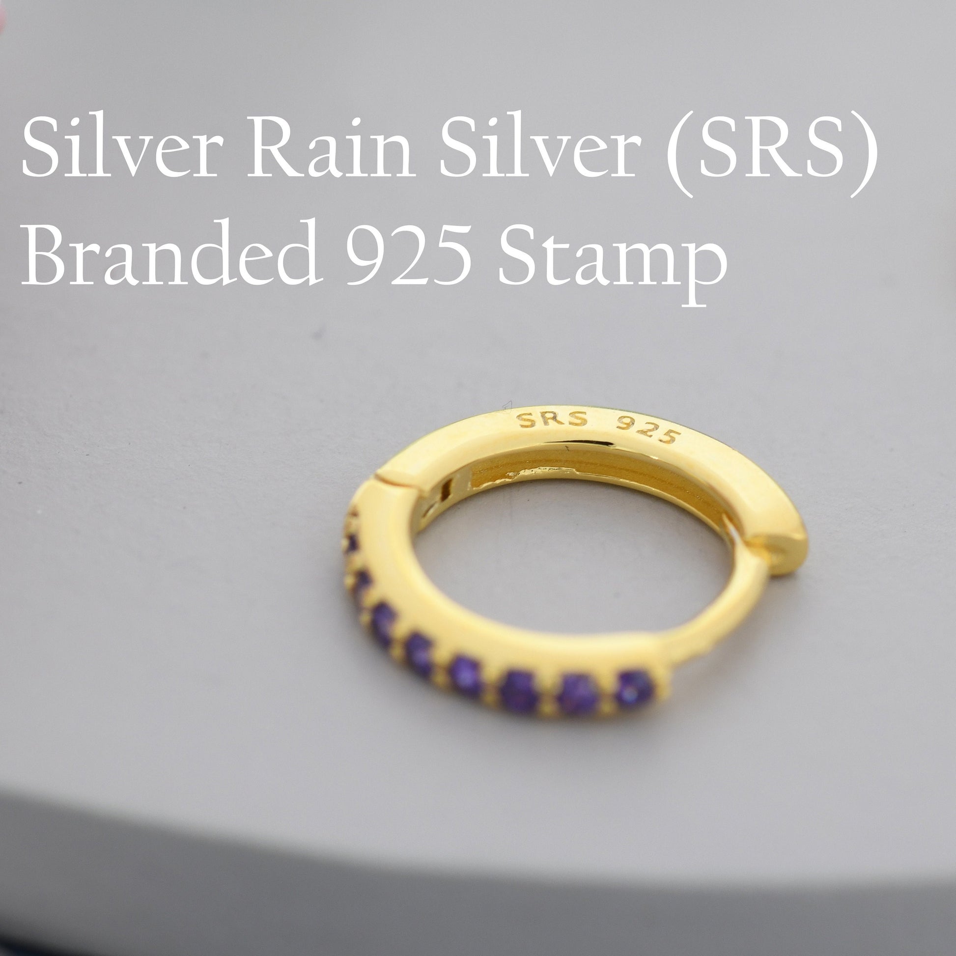 Purple Amethyst CZ Skinny Huggie Hoop in Sterling Silver, Silver or Gold, 8mm Inner Diameter Hoop Earrings, February Birthstone