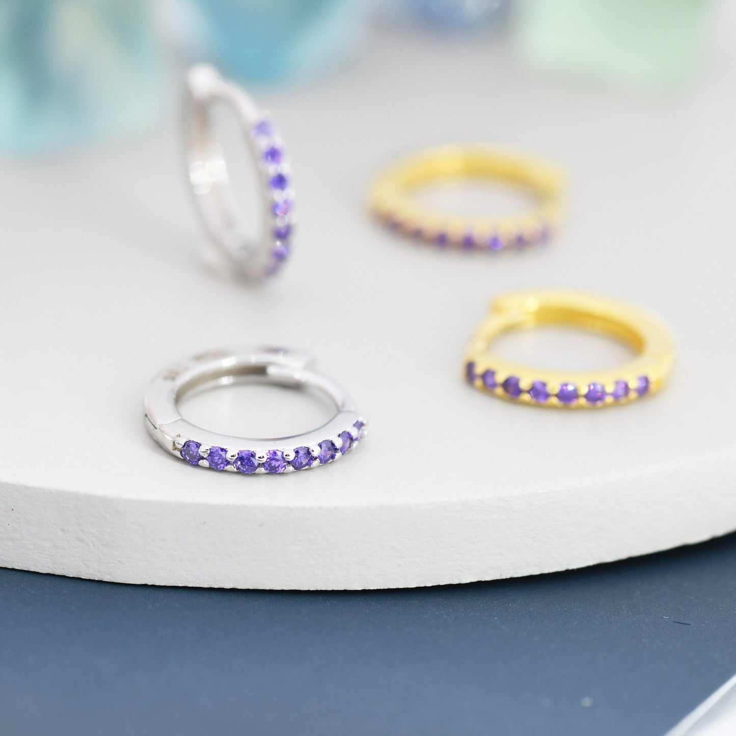 Purple Amethyst CZ Skinny Huggie Hoop in Sterling Silver, Silver or Gold, 8mm Inner Diameter Hoop Earrings, February Birthstone