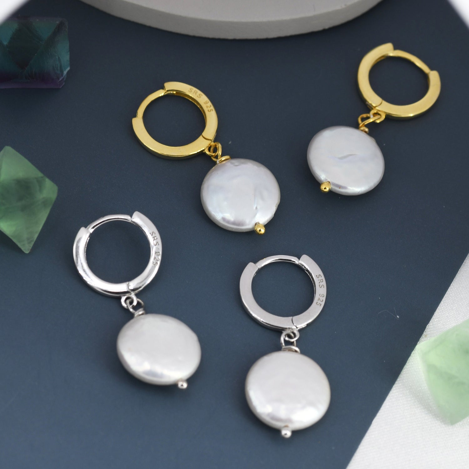 Coin Baroque Pearl Huggie Hoop Earrings in Sterling Silver, Simple Circle Disk Dangle Earrings, Gold and Silver, Natural Freshwater Pearl