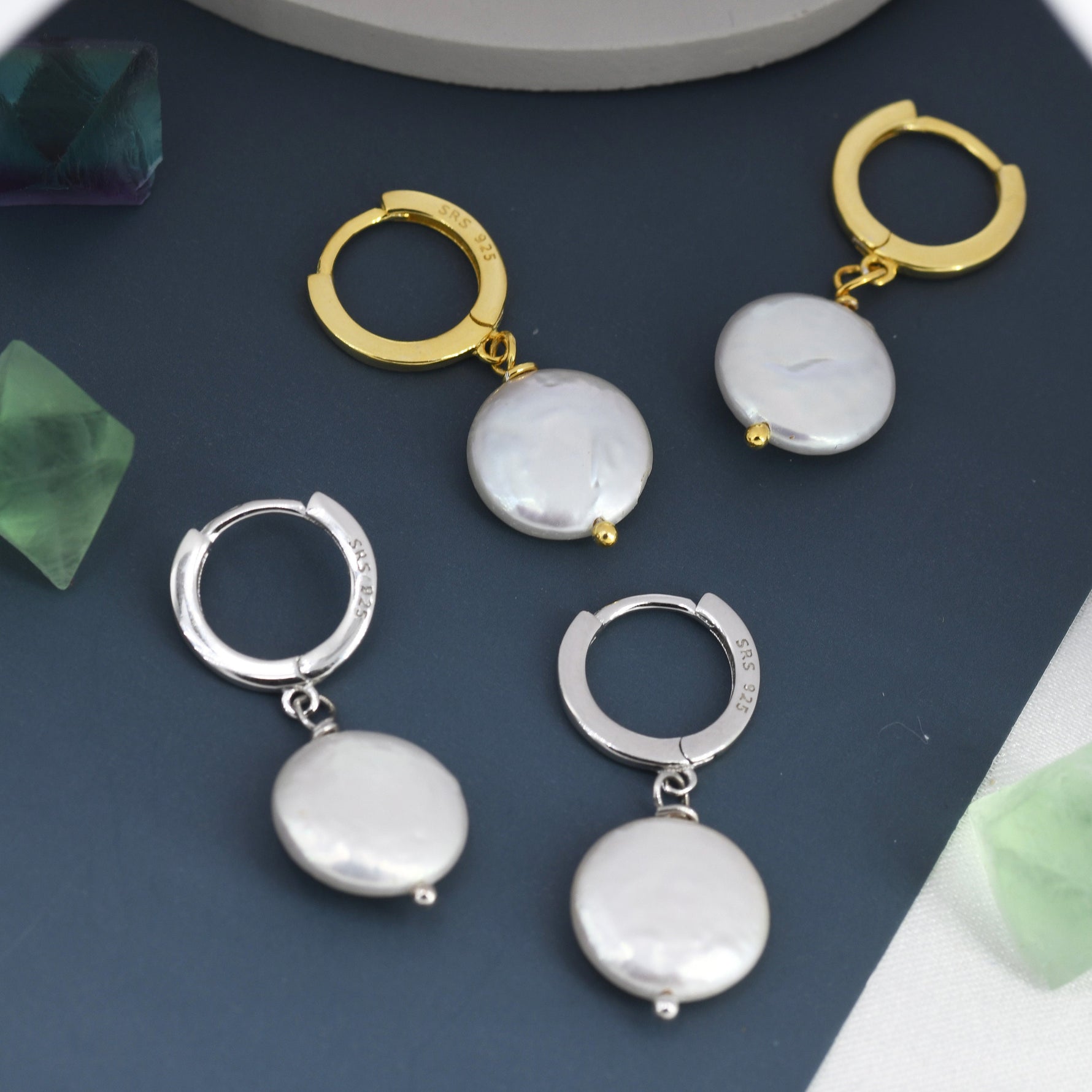 Coin Baroque Pearl Huggie Hoop Earrings in Sterling Silver, Simple Circle Disk Dangle Earrings, Gold and Silver, Natural Freshwater Pearl