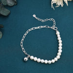 Sterling Silver Pearl and Paperclip Beaded Bracelet, Silver or Gold, Genuine Freshwater Pearls, Natural Pearl Bracelet, Ivory Pearls