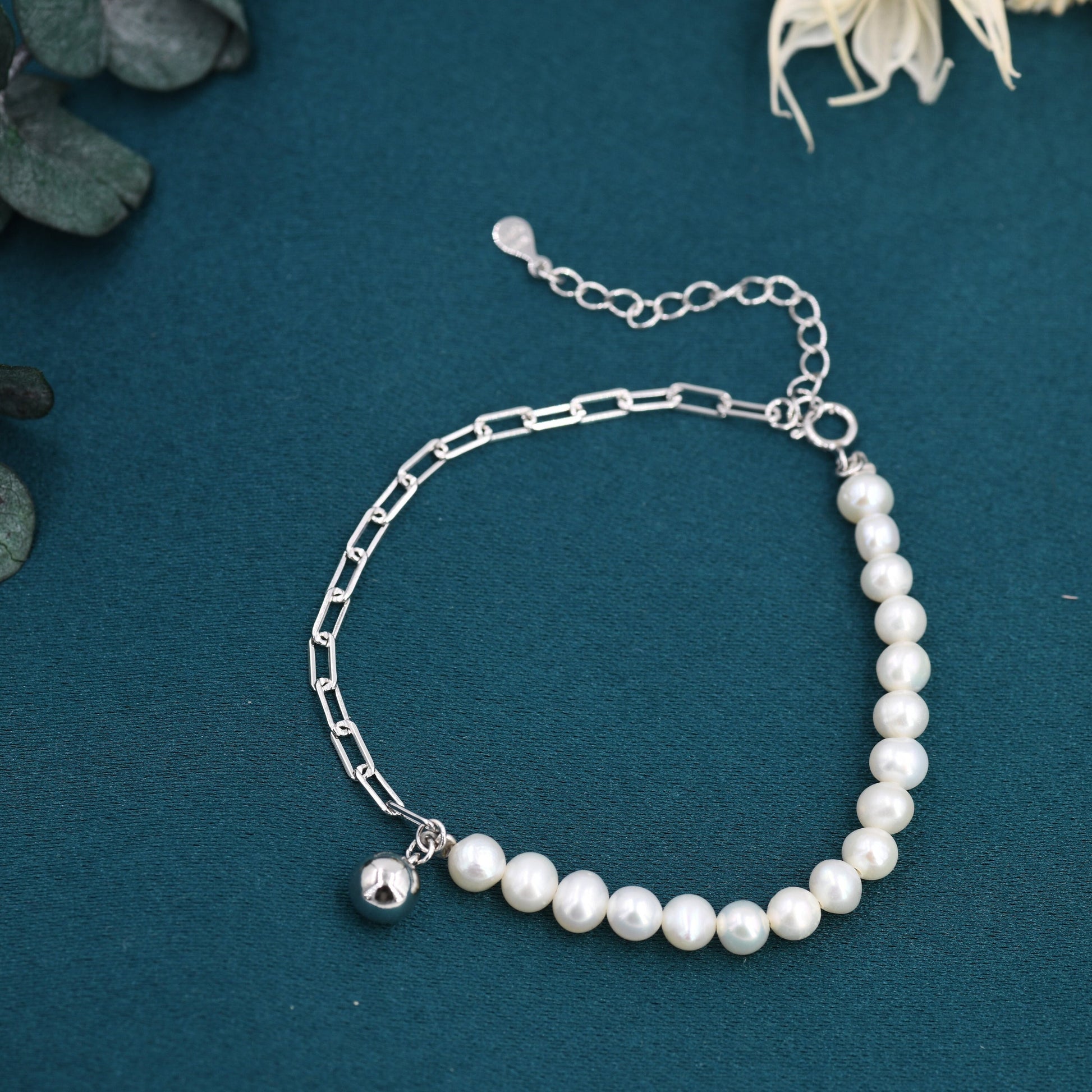 Sterling Silver Pearl and Paperclip Beaded Bracelet, Silver or Gold, Genuine Freshwater Pearls, Natural Pearl Bracelet, Ivory Pearls