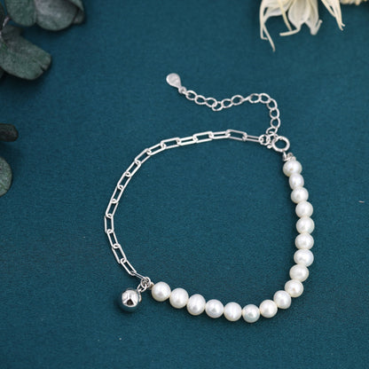Sterling Silver Pearl and Paperclip Beaded Bracelet, Silver or Gold, Genuine Freshwater Pearls, Natural Pearl Bracelet, Ivory Pearls