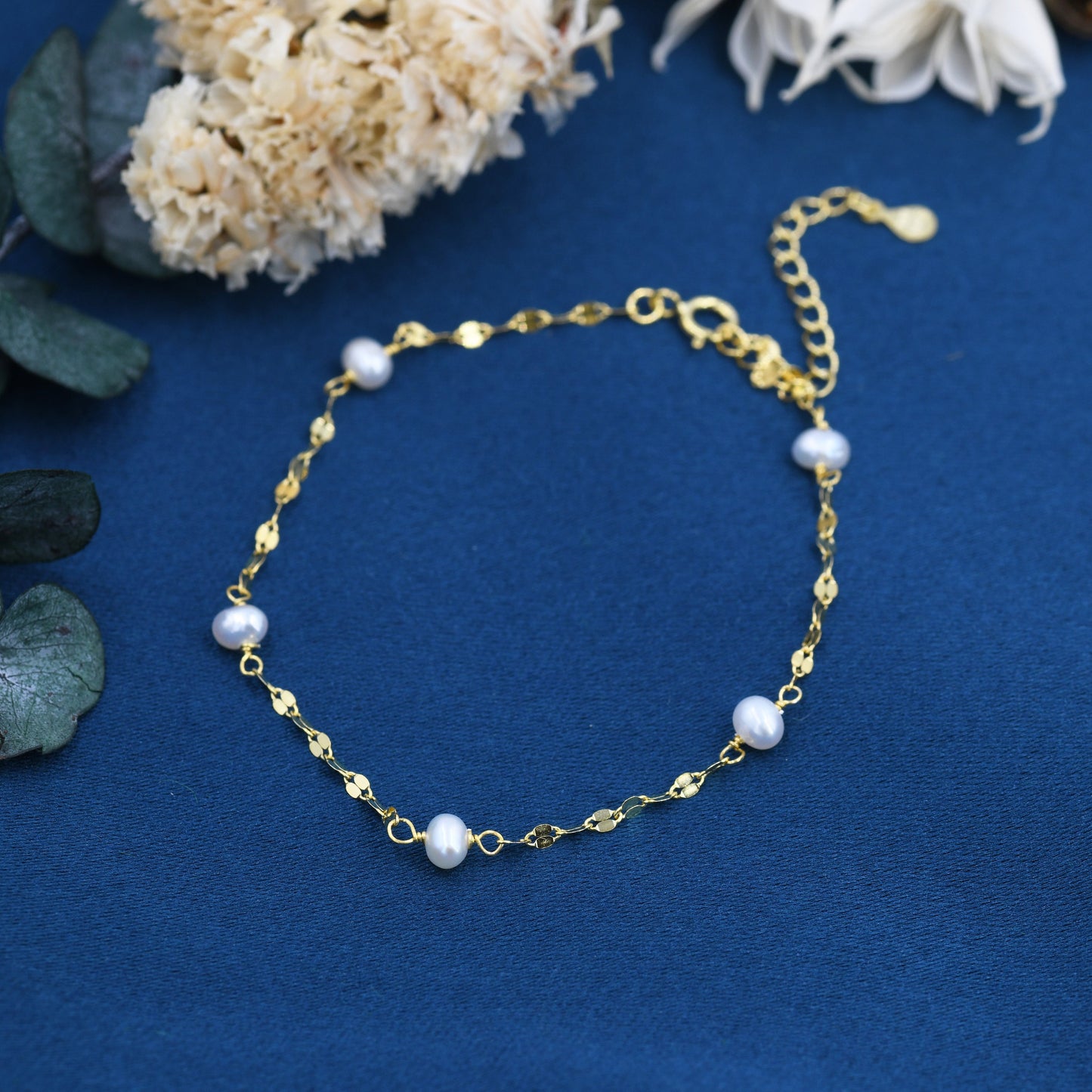 Sterling Silver Pearl Beaded Bracelet with Sparkly Disk Chain, Silver or Gold, Genuine Freshwater Pearls, Natural Pearl Bracelet