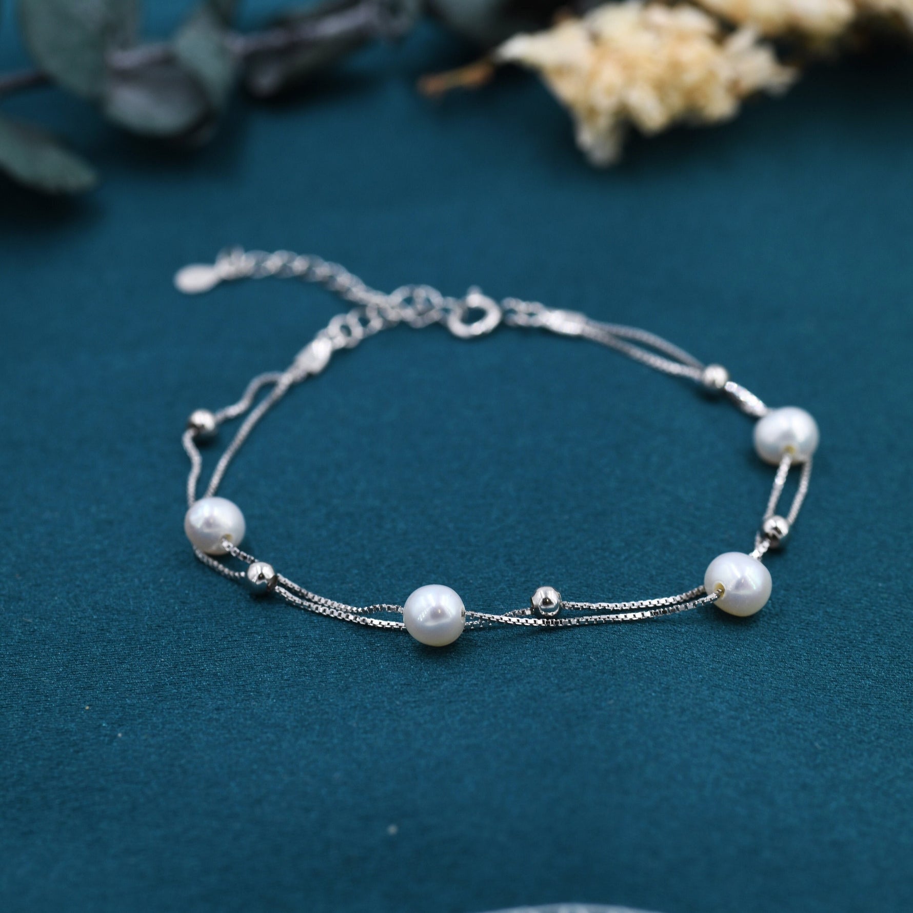 Sterling Silver Delicate Pearl and Silver Ball Beaded Bracelet, Double Layer, Silver or Gold, Real Freshwater Pearls, Natural Pearl Bracelet