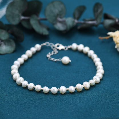 Sterling Silver Pearl and Silver Ball Beaded Bracelet, Silver or Gold, Real Freshwater Pearls, Real Pearl Bracelet, Bridal Jewellery