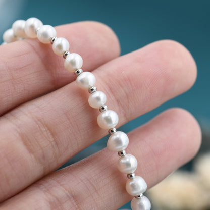 Sterling Silver Pearl and Silver Ball Beaded Bracelet, Silver or Gold, Real Freshwater Pearls, Real Pearl Bracelet, Bridal Jewellery