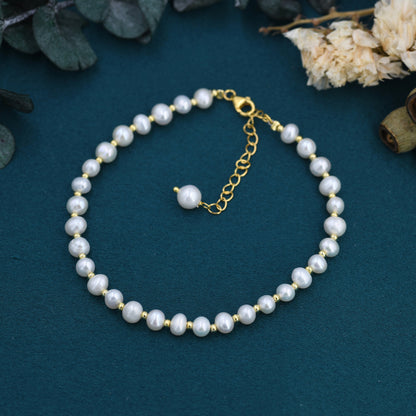 Sterling Silver Pearl and Silver Ball Beaded Bracelet, Silver or Gold, Real Freshwater Pearls, Real Pearl Bracelet, Bridal Jewellery