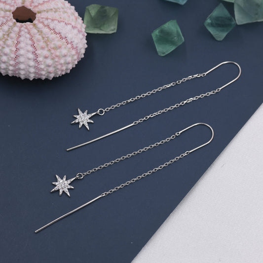 Starburst Threader Earrings in Sterling Silver, North Star U Shape Ear Threaders, Silver, Gold or Rose Gold, Star Threaders, Long Threaders