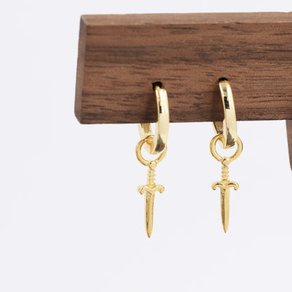 Sterling Silver Sword Hoop Earrings, Detachable Charm Hoop Earrings, Dagger Earrings, Silver or Gold, Interchangeable and detachable