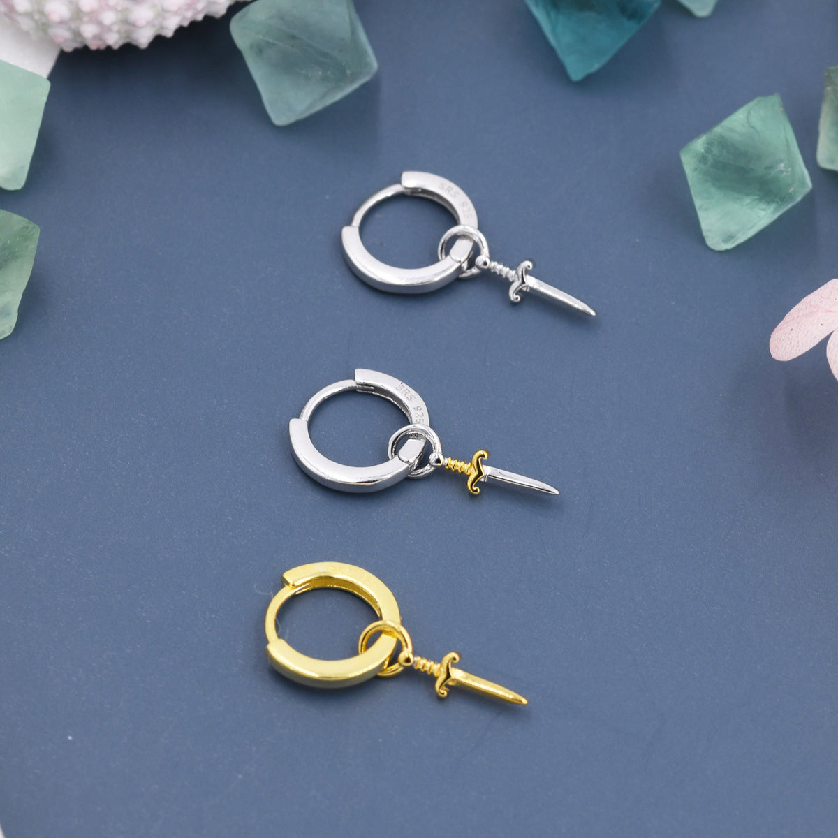 Sterling Silver Sword Hoop Earrings, Detachable Charm Hoop Earrings, Dagger Earrings, Silver or Gold, Interchangeable and detachable