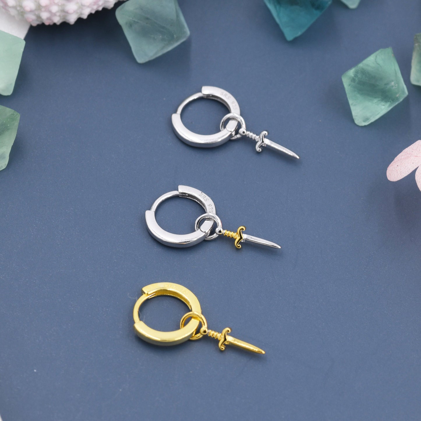 Sterling Silver Sword Hoop Earrings, Detachable Charm Hoop Earrings, Dagger Earrings, Silver or Gold, Interchangeable and detachable