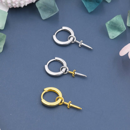 Sterling Silver Sword Hoop Earrings, Detachable Charm Hoop Earrings, Dagger Earrings, Silver or Gold, Interchangeable and detachable