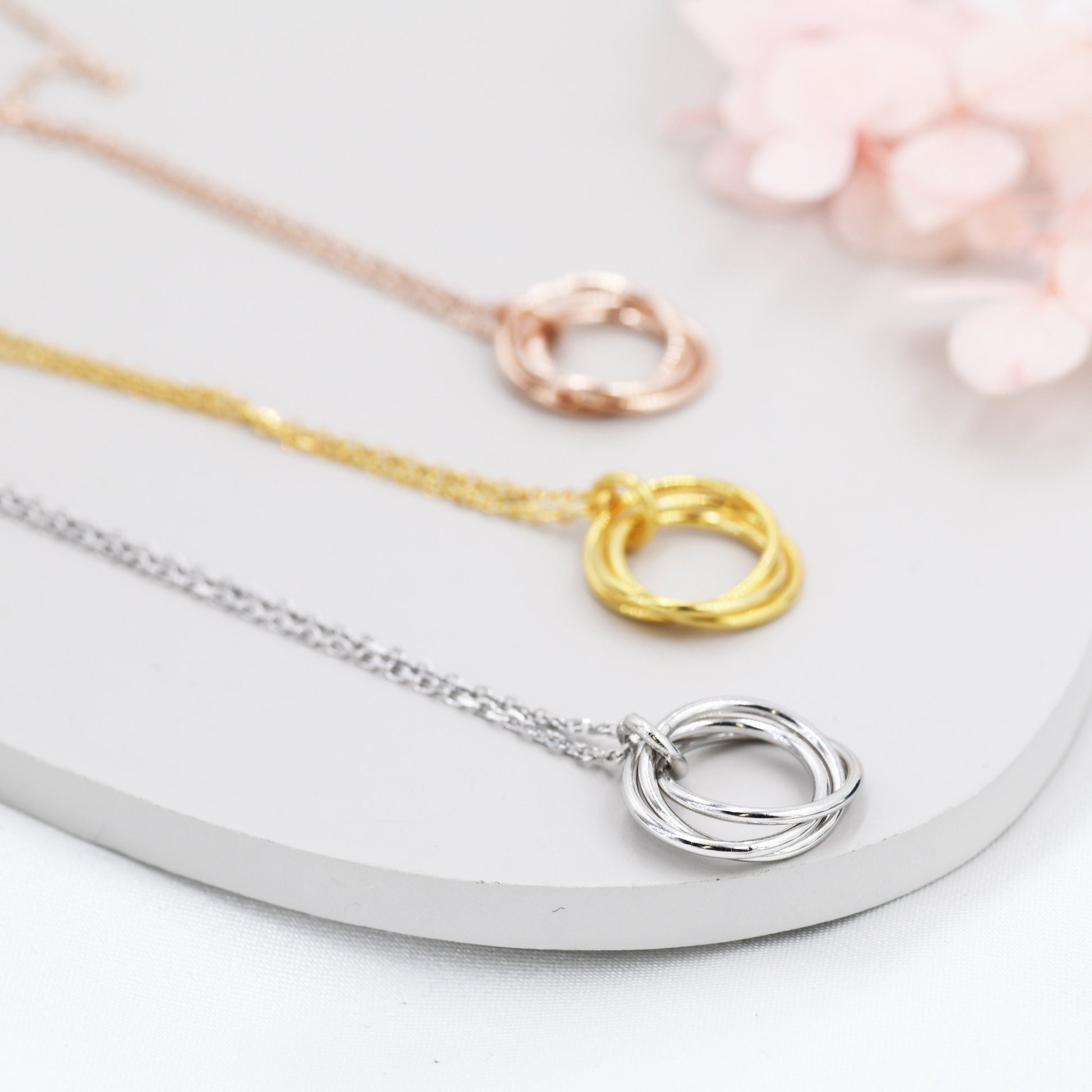 Sterling Silver Three Interlocking Circles Pendant Necklace, Three Entwined Circles for 30s, Infinity Necklace, Silver, Gold and Rose Gold,