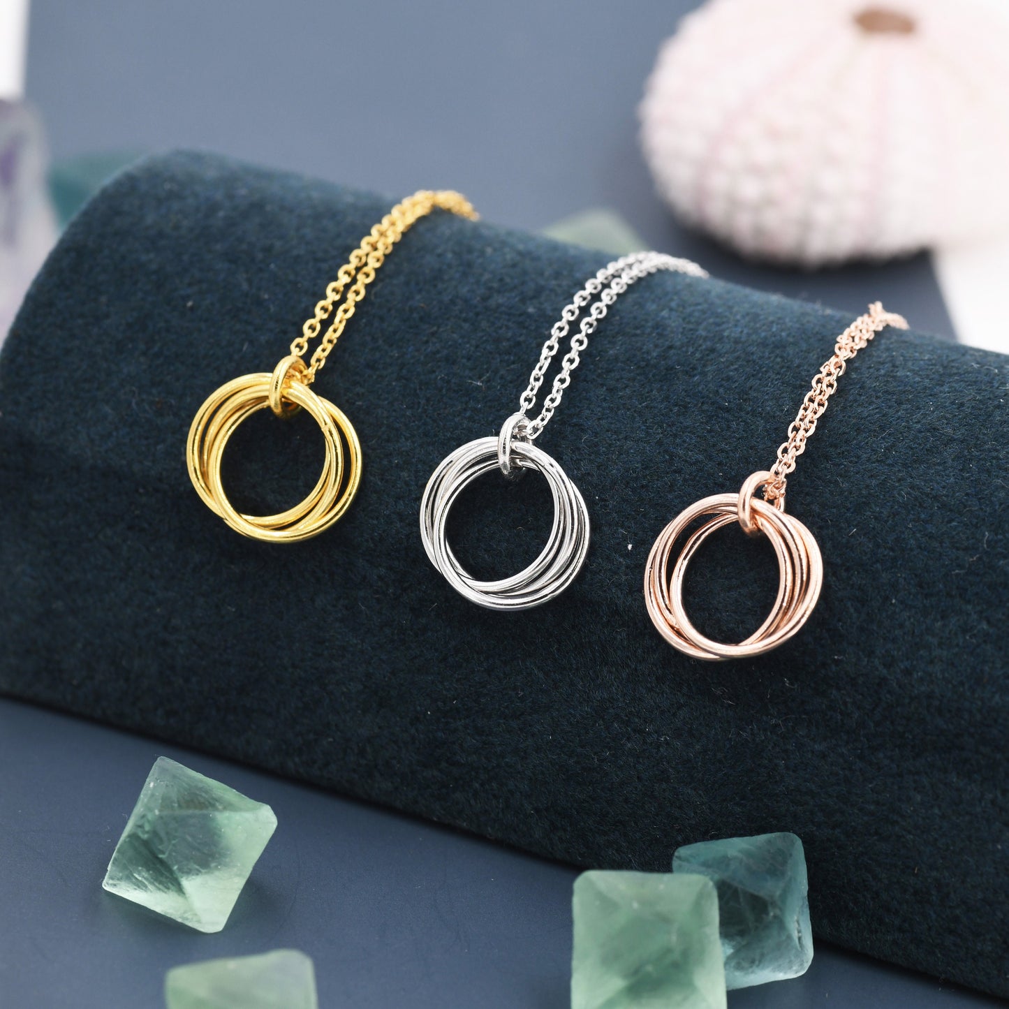 Sterling Silver Three Interlocking Circles Pendant Necklace, Three Entwined Circles for 30s, Infinity Necklace, Silver, Gold and Rose Gold,