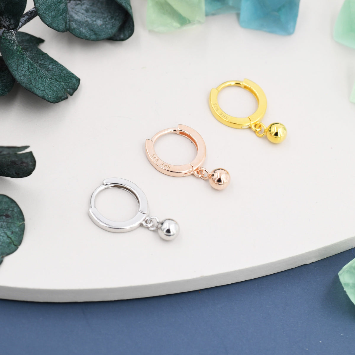 Dangle Ball Hoop Earrings in Sterling Silver, Dangle Hoop Earrings, Silver, Gold or Rose Gold? Silver Ball Huggie Hoops