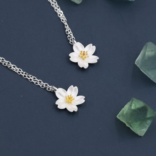 Cherry Blossom Flower Tiny Pendant Necklace  in Sterling Silver, Nature Inspired Flower Necklace, January Birth Flower, Botanical