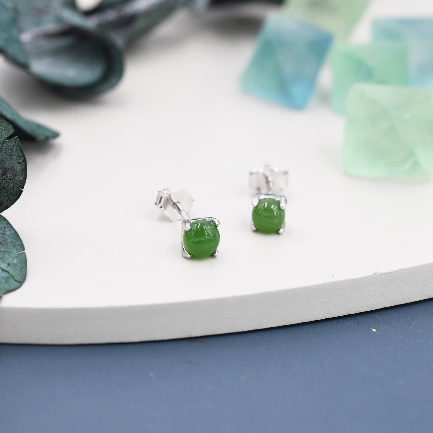 Natura Jasper Jade Stud Earrings in Sterling Silver, Semi-Precious Gemstone Earrings, 4mm, 4 prong Genuine Jade Earrings