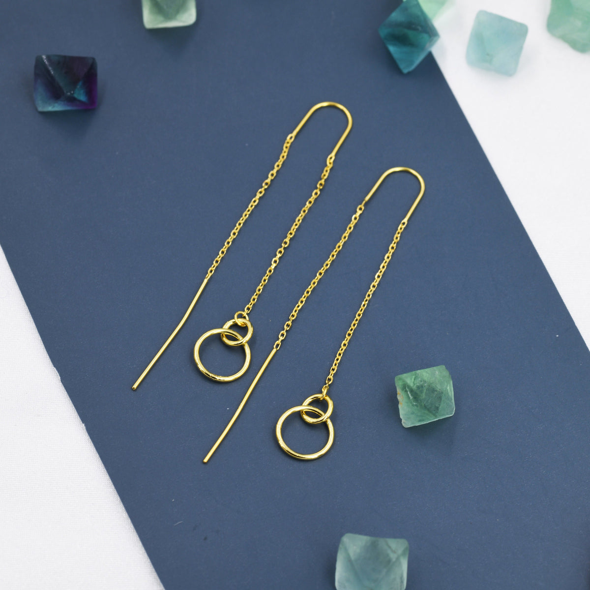 Double Circle Threader Earrings in Sterling Silver, Interlink Circle Ear Threaders, Silver, Gold or Rose Gold, Long Threaders U Threaders