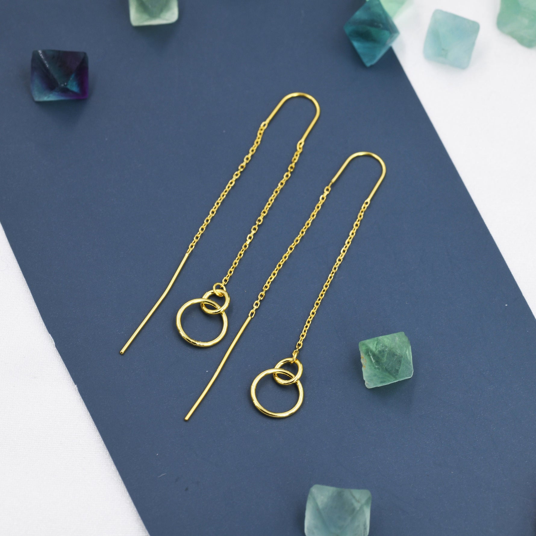 Double Circle Threader Earrings in Sterling Silver, Interlink Circle Ear Threaders, Silver, Gold or Rose Gold, Long Threaders U Threaders