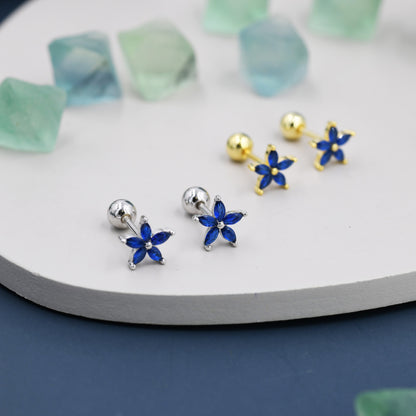 Sterling Silver Blue Forget-me-not CZ Flower Barbell Earrings,  Gold or Silver, Marquise CZ Screw Back Earrings, Stacking Earrings