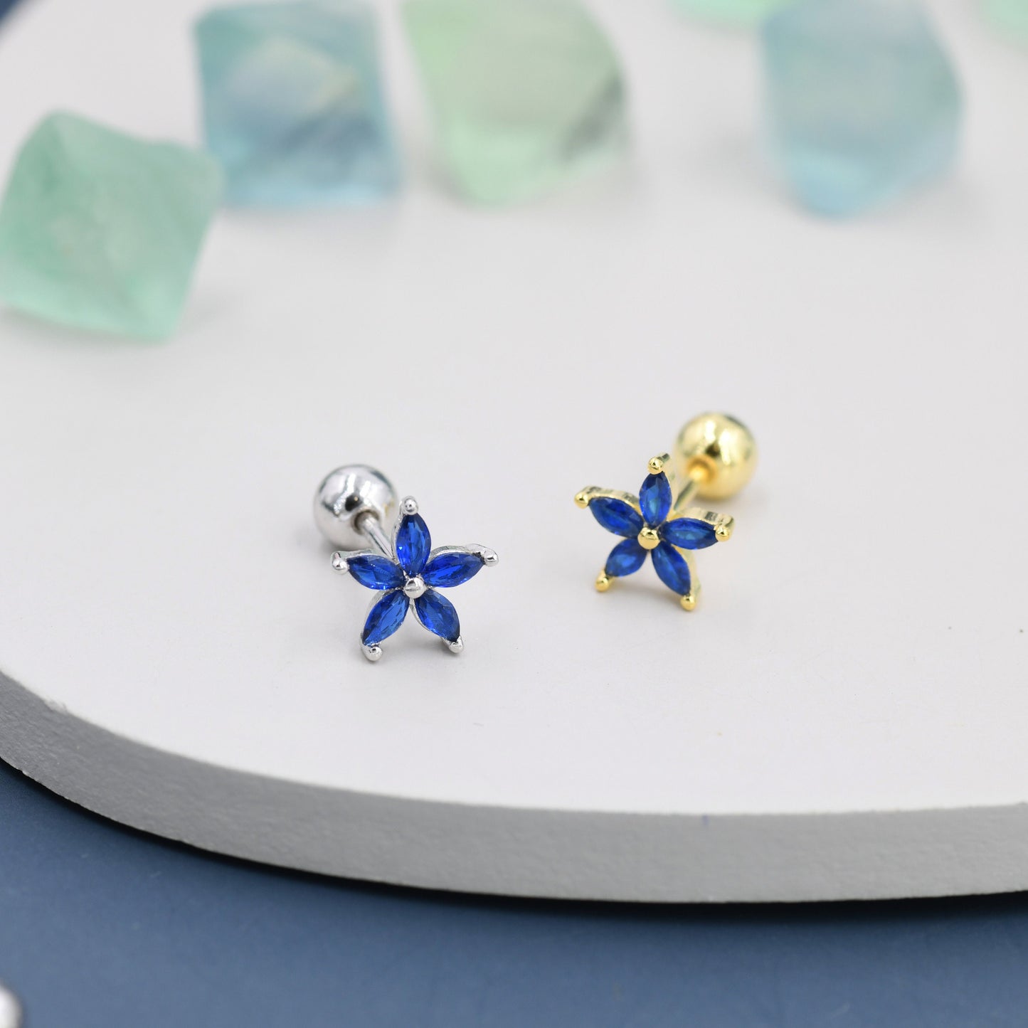 Sterling Silver Blue Forget-me-not CZ Flower Barbell Earrings,  Gold or Silver, Marquise CZ Screw Back Earrings, Stacking Earrings