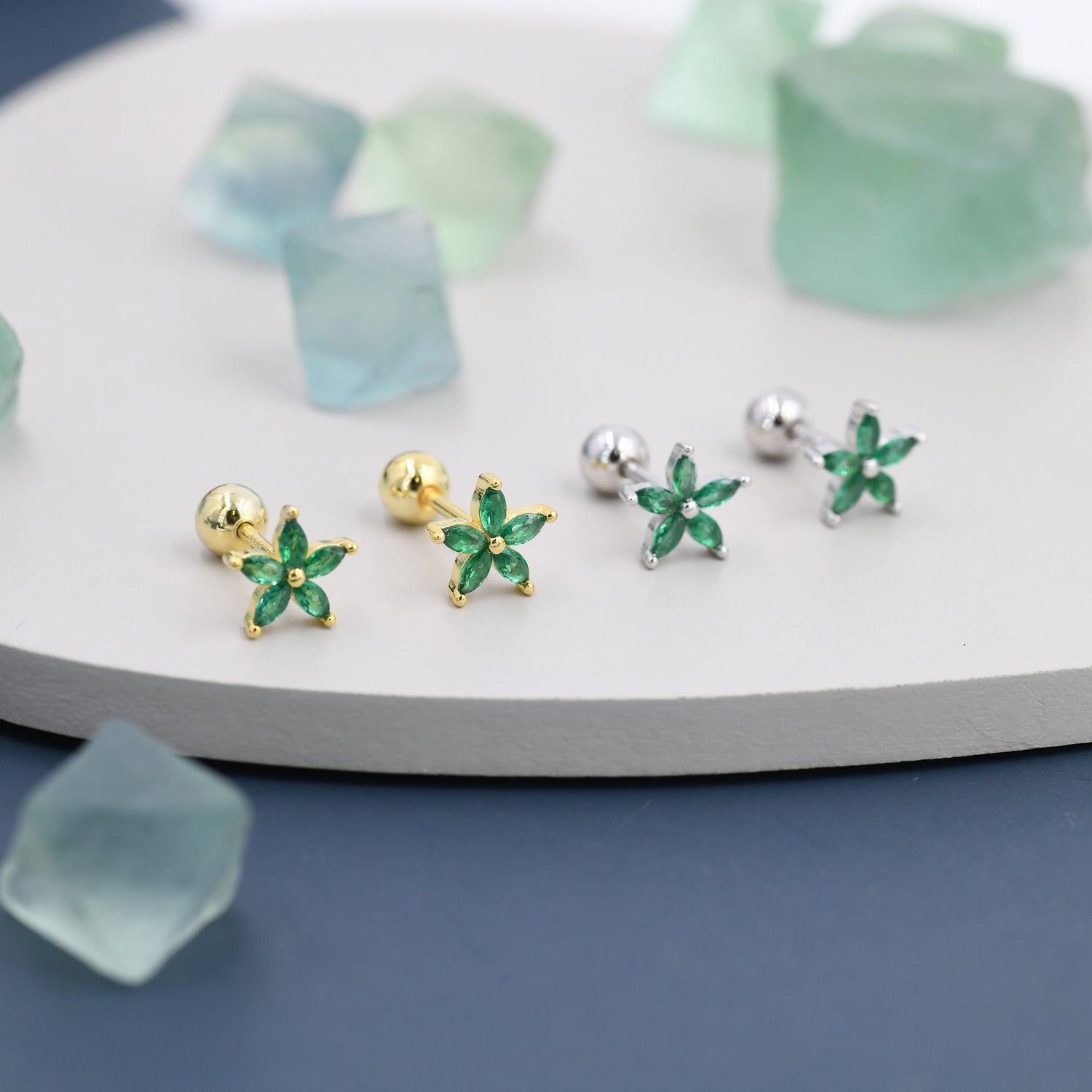 Sterling Silver Emerald Green CZ Flower Barbell Earrings, Gold or Silver, Marquise CZ Screw Back Earrings, Stacking Earrings
