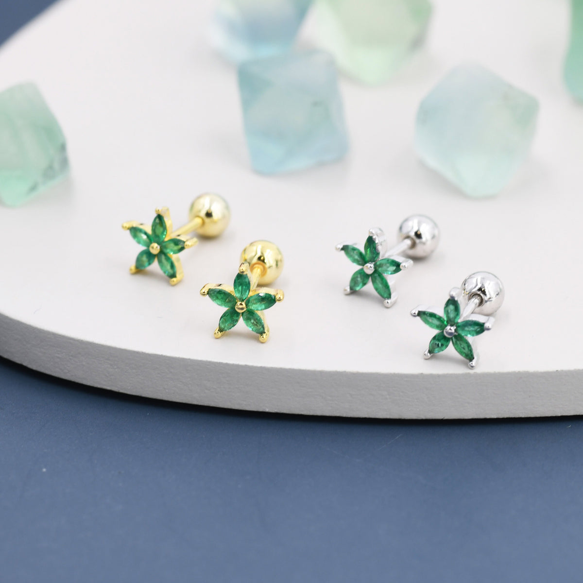 Sterling Silver Emerald Green CZ Flower Barbell Earrings, Gold or Silver, Marquise CZ Screw Back Earrings, Stacking Earrings