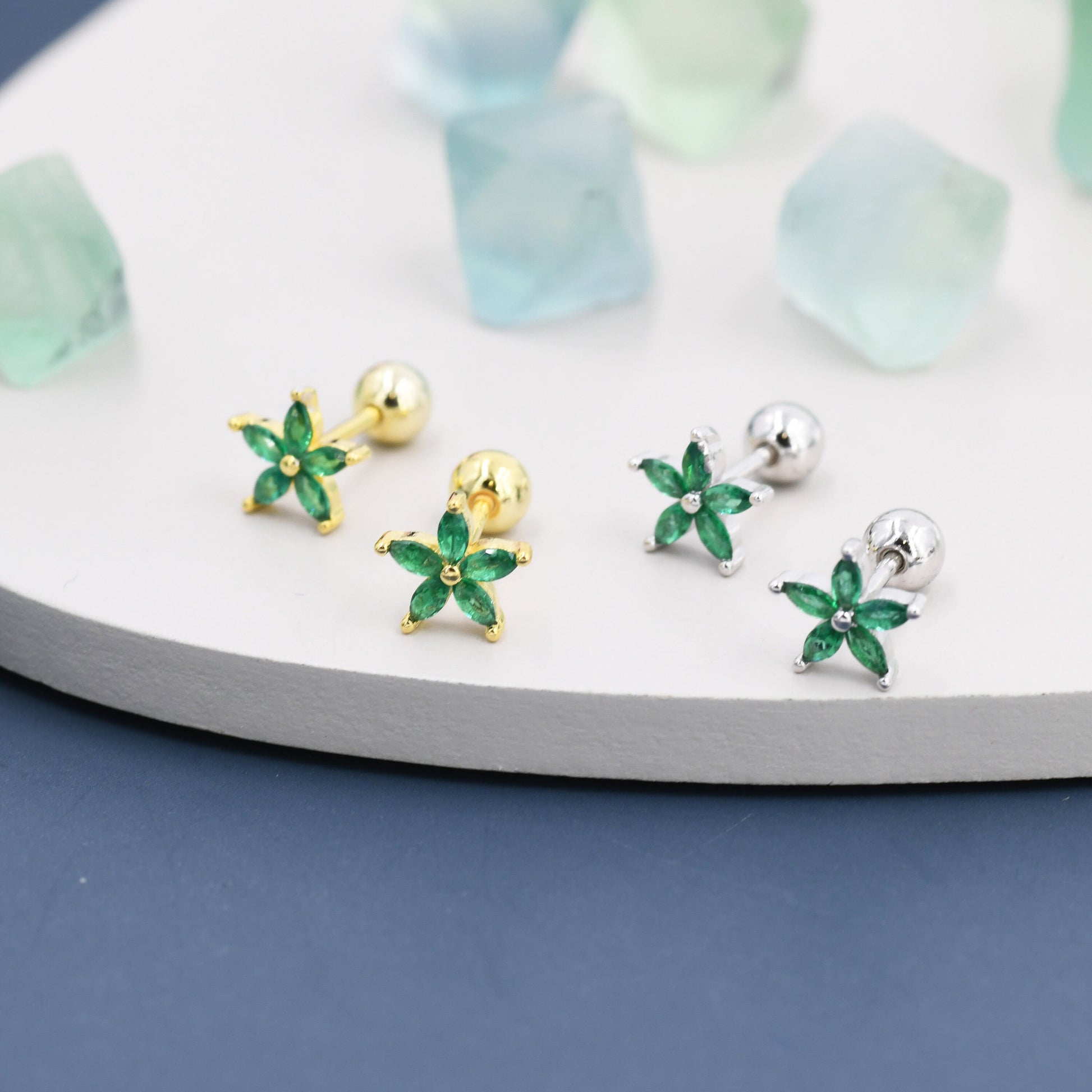 Sterling Silver Emerald Green CZ Flower Barbell Earrings, Gold or Silver, Marquise CZ Screw Back Earrings, Stacking Earrings