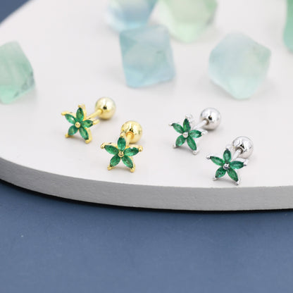Sterling Silver Emerald Green CZ Flower Barbell Earrings, Gold or Silver, Marquise CZ Screw Back Earrings, Stacking Earrings