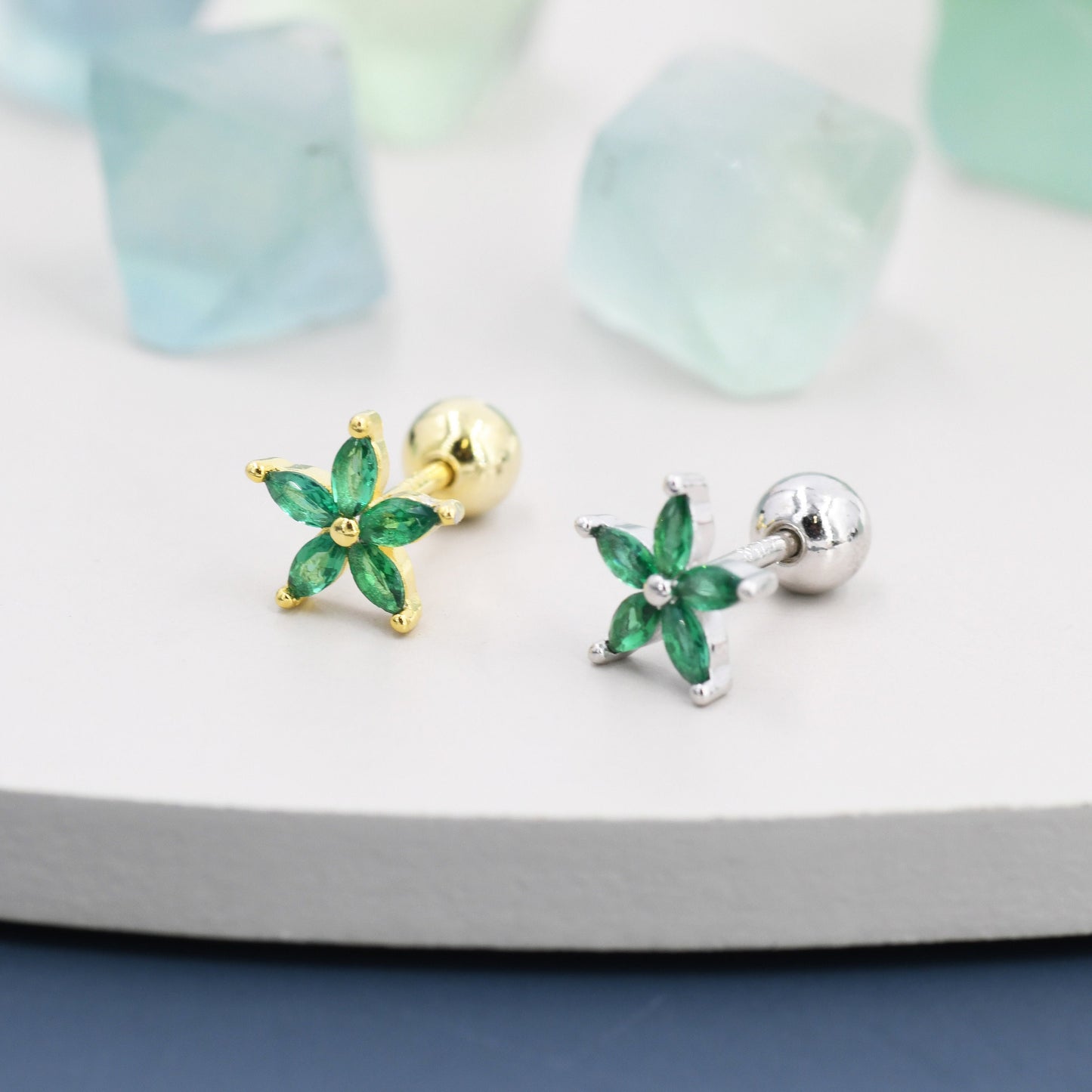 Sterling Silver Emerald Green CZ Flower Barbell Earrings, Gold or Silver, Marquise CZ Screw Back Earrings, Stacking Earrings