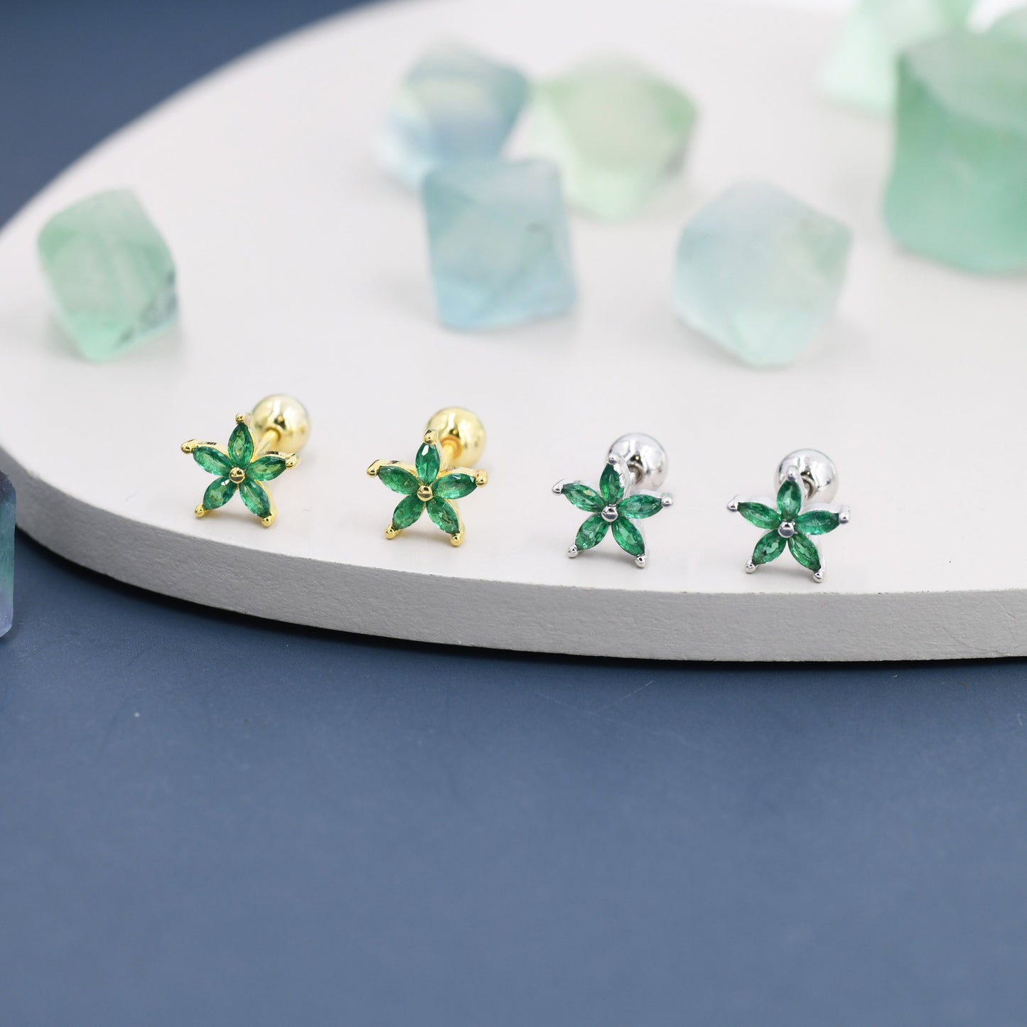 Sterling Silver Emerald Green CZ Flower Barbell Earrings, Gold or Silver, Marquise CZ Screw Back Earrings, Stacking Earrings