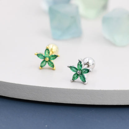 Sterling Silver Emerald Green CZ Flower Barbell Earrings, Gold or Silver, Marquise CZ Screw Back Earrings, Stacking Earrings