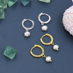Tiny Dangle Pearl Huggie Hoops Earrings in Sterling Silver, , Genuine Freshwater Pearls, Silver or Gold, Minimalist Simple Hoop Earrings