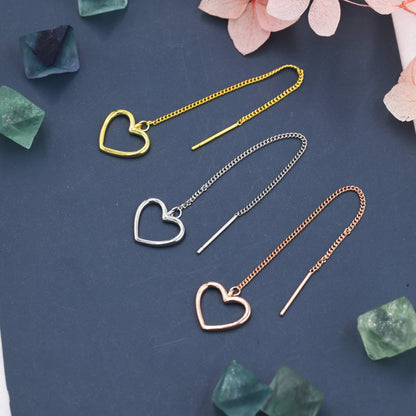 Open Heart Threader Earrings in Sterling Silver, Cutout Heart Ear Threaders, Silver, Gold or Rose Gold, Short Ear Threaders