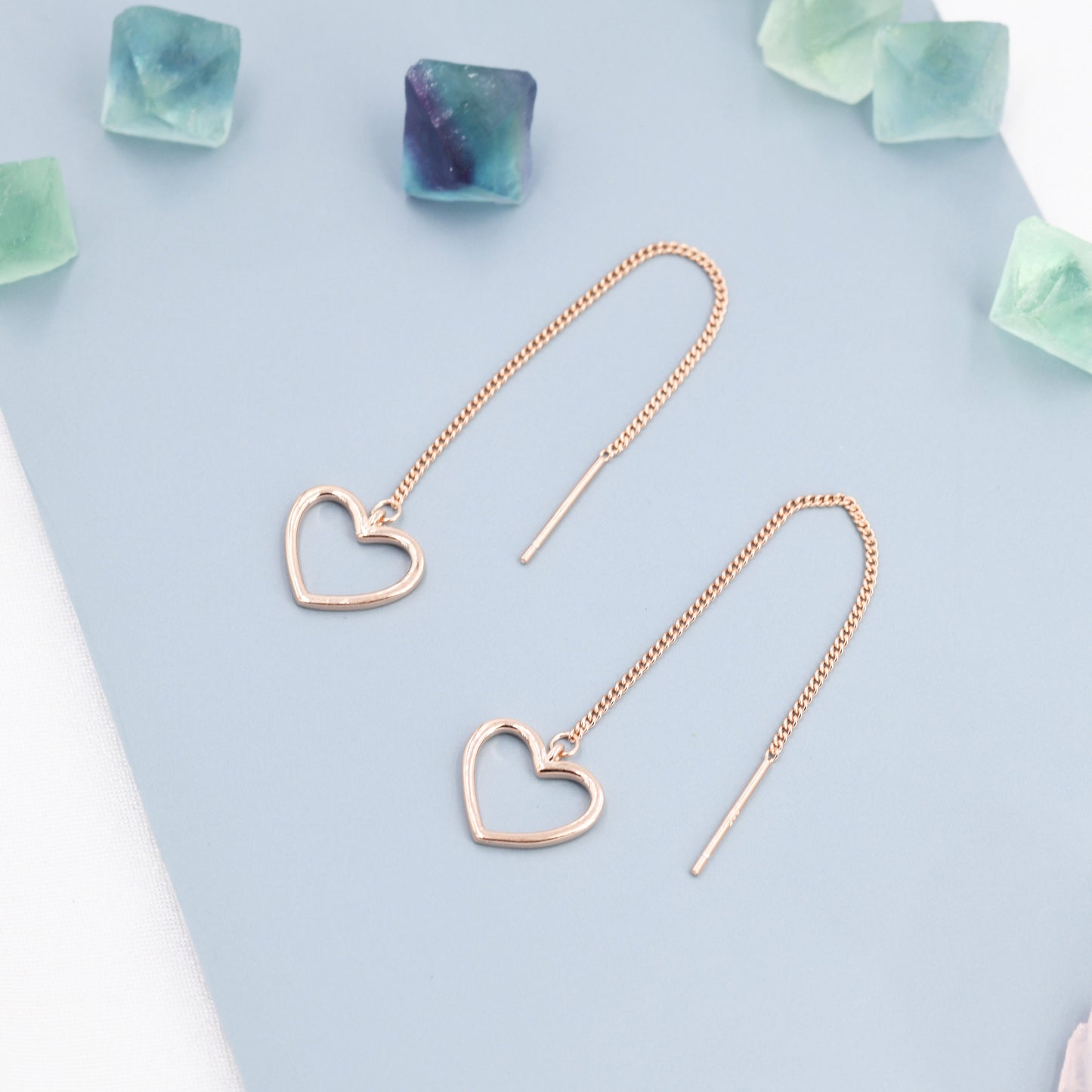 Open Heart Threader Earrings in Sterling Silver, Cutout Heart Ear Threaders, Silver, Gold or Rose Gold, Short Ear Threaders