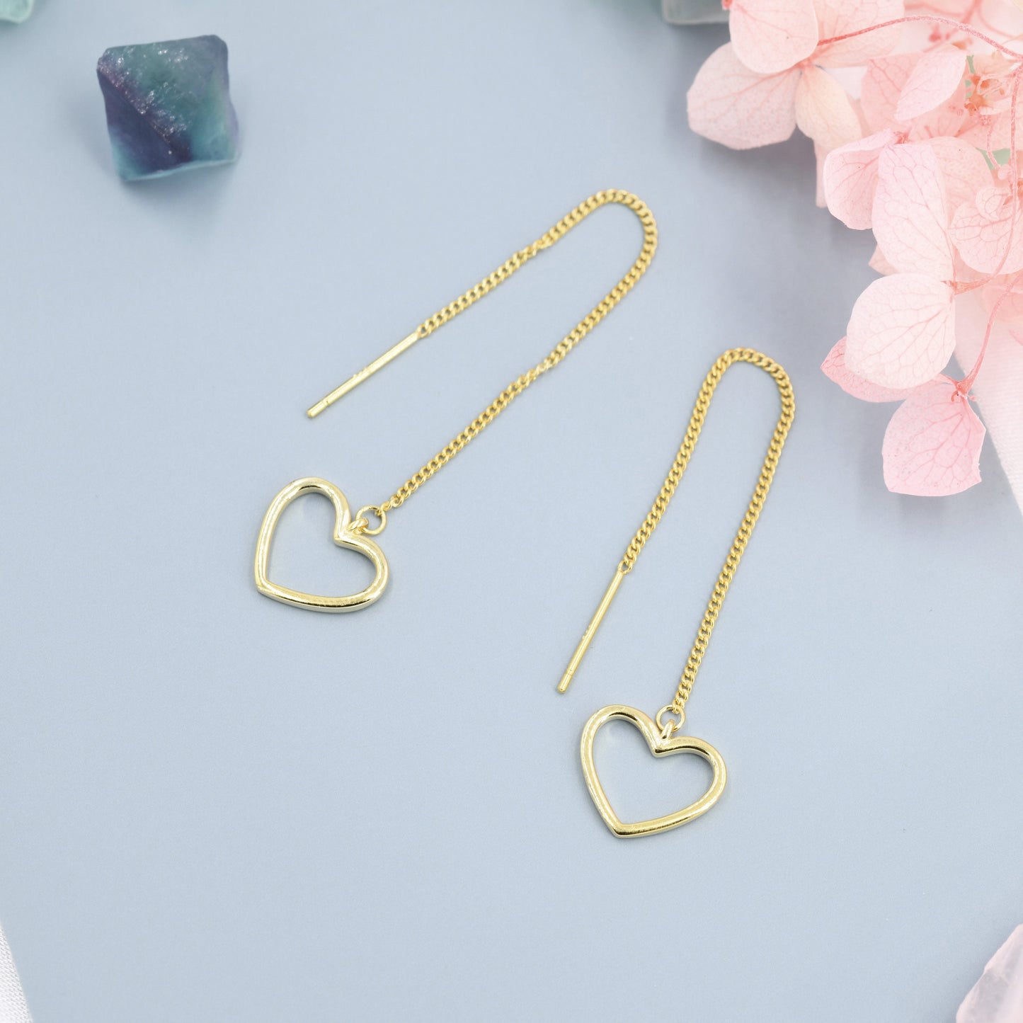 Open Heart Threader Earrings in Sterling Silver, Cutout Heart Ear Threaders, Silver, Gold or Rose Gold, Short Ear Threaders