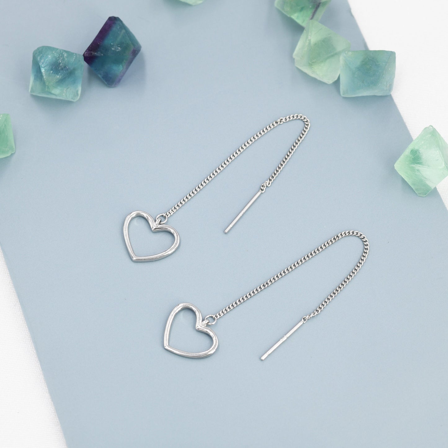 Open Heart Threader Earrings in Sterling Silver, Cutout Heart Ear Threaders, Silver, Gold or Rose Gold, Short Ear Threaders